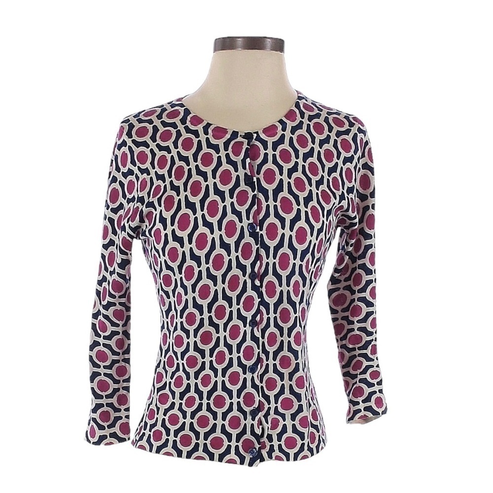 Garnet Hill 100% Merino Wool Geometric Print Classic Button Up Cardigan Size S